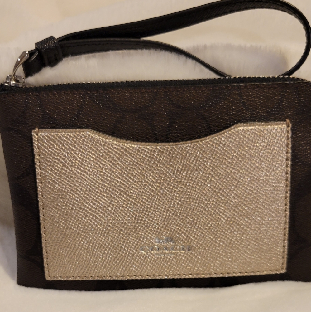 Coach Wristlet Dark Brown Signature With Gold Front Pocket 4 X 6